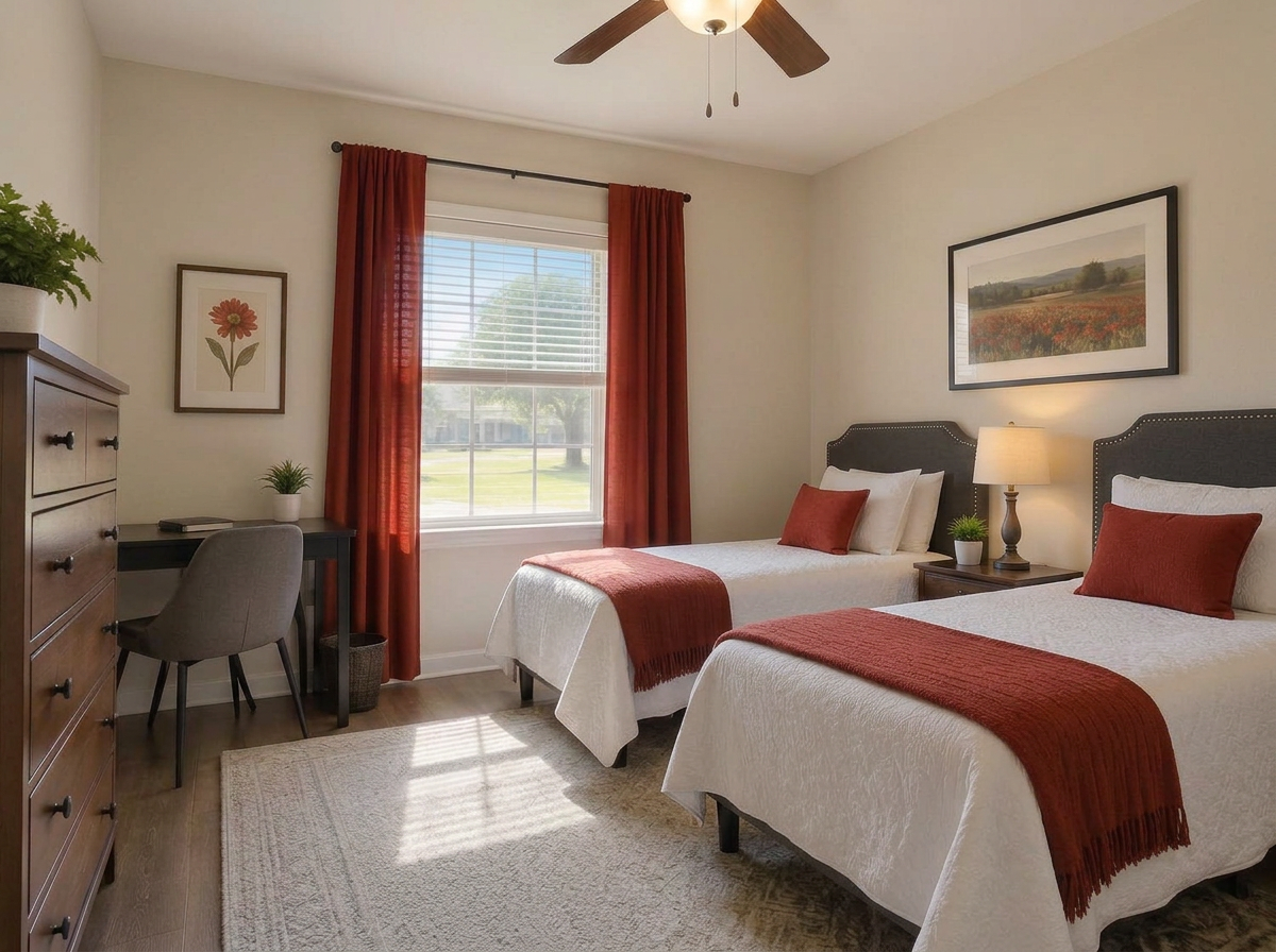 Bright furnished shared bedroom with two twin beds at Serenity Nest